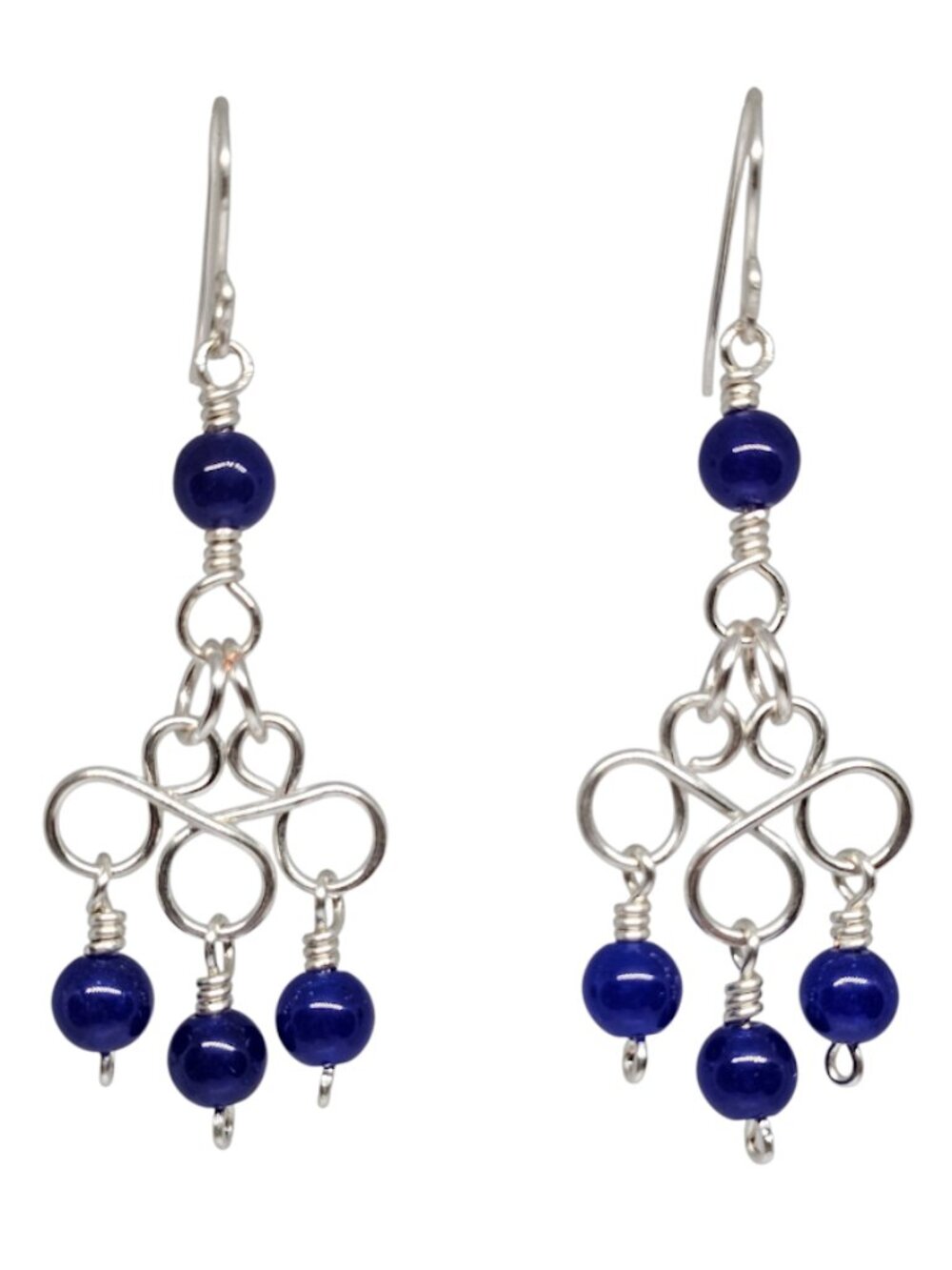 Handmade Cobalt Blue Beaded Silver Tone Chandelier Boho Dangle Earrings